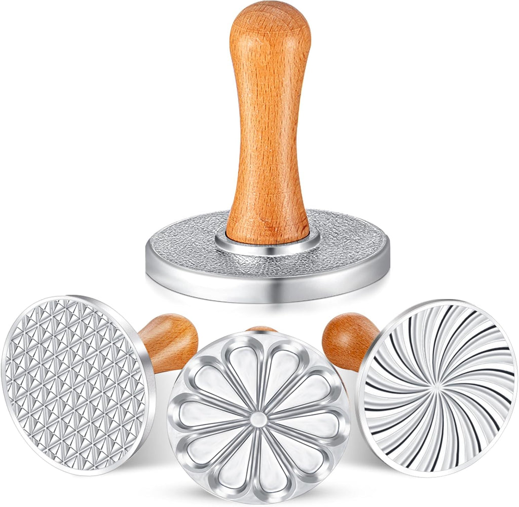Wenqik 3 Pcs Cookie Stamps Round Metal Cookie Press Cutter Mold with Wooden Handle Cookie Embossing Stamp Mold Cookie Stamper Decorating Supplies for DIY Baking Cakes Pastries Easy to Use Gift Package