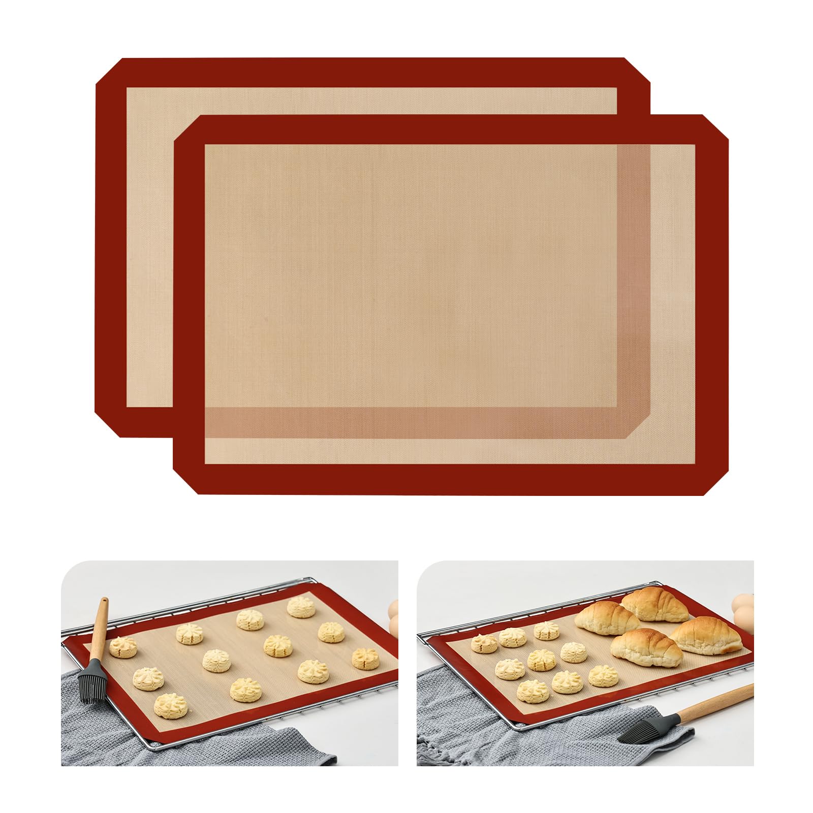 KitchenRaku Silicone Baking Mat, 16.5"x11.6" Non Stick Reusable Silicone Cooking Mat, BPA Free Baking Sheet for Cookies, Macarons Bread & Pastry, Toaster Pad Set of 2
