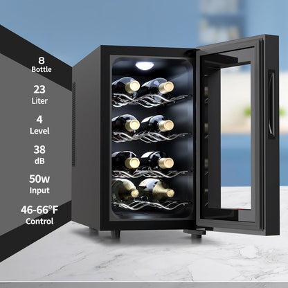 JINJUNYE 8 Bottle Wine Cooler, Wine Fridge Small, Countertop Wine Cooler Refrigerator with Temperature Control, 46-66℉ Mini Freestanding Wine Cellars Glass Door, Gift for Wine Lover