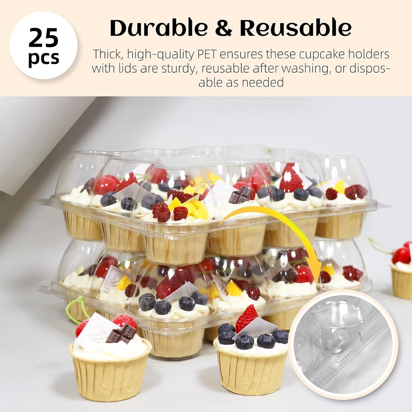 12 Count x 12 Sets Plastic Cupcake Containers, Durable and BPA-Free Cupcake Holder with Lid for Easy Transport Storage, Stackable Clear Cupcake Carriers, Reusable Dessert Boxes