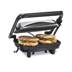 Hamilton Beach Panini Press Sandwich Maker & Electric Indoor Grill with Locking Lid, Opens 180 Degrees for any Thickness for Quesadillas, Burgers & More, Nonstick 8" x 10" Grids, Chrome (25460AG)