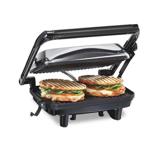 Hamilton Beach Panini Press Sandwich Maker & Electric Indoor Grill with Locking Lid, Opens 180 Degrees for any Thickness for Quesadillas, Burgers & More, Nonstick 8" x 10" Grids, Chrome (25460AG)