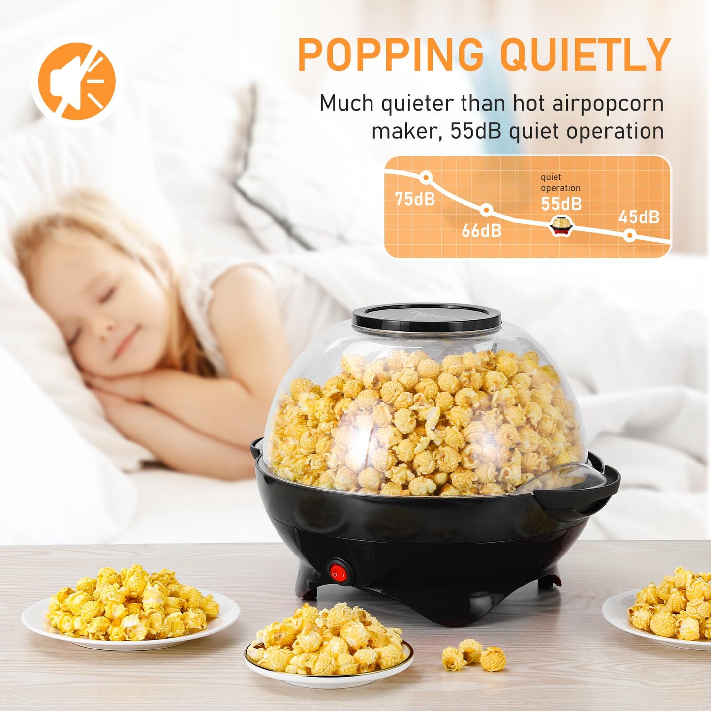 TLGREEN 6 Quart Popcorn Machine, Stir Crazy Popcorn Popper Machine, Electric Hot Oil Popcorn Maker Machine, with Nonstick Plate & Stirring Rod, Large Lid for Serving Bowl. (Black)