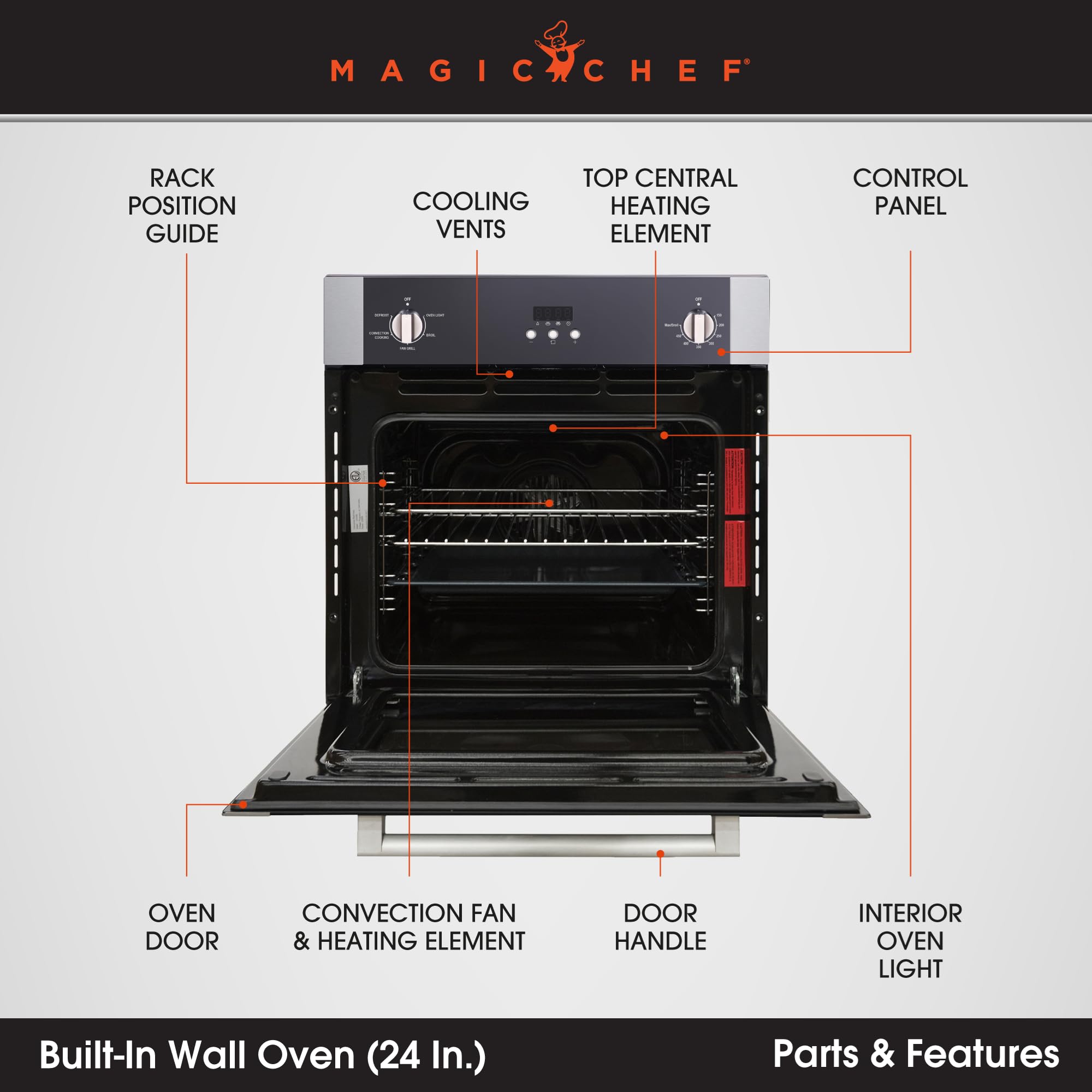 Piekarnik ścienny Magic Chef Single Electric z funkcją konwekcji do gotowania i pieczenia, 24"
