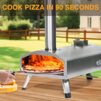 PolarcoForgeco Piec do pizzy na zewnątrz opalany drewnem - 12-calowy piec do pizzy na zewnątrz z obrotowym kamieniem do pizzy, przenośny piec do pizzy na pelety ze stali nierdzewnej do biwakowania na zewnątrz na podwórku - srebrny