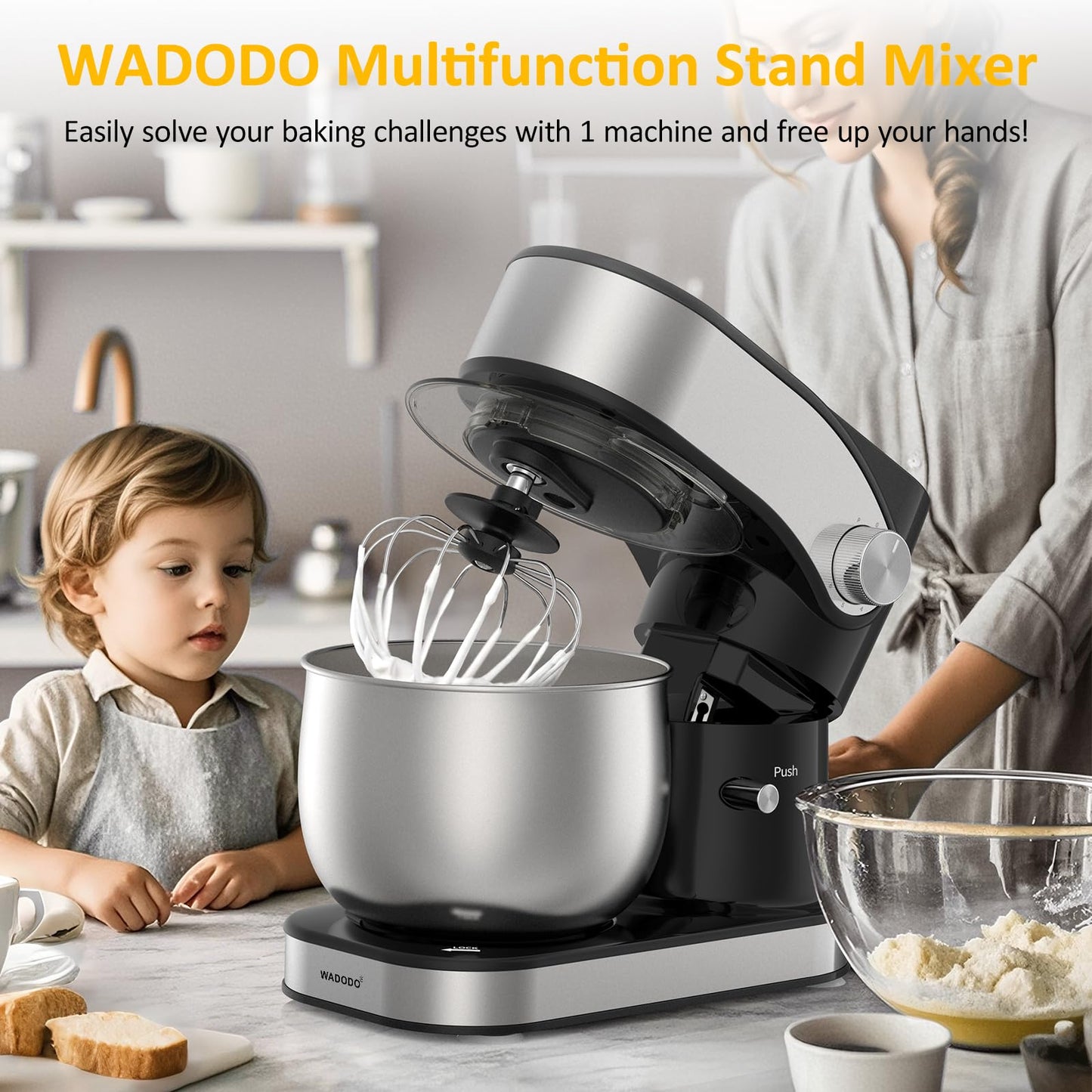 WADODO Stand Mixer, 3.2Qt Small Kitchen Mixer,6 Speeds Electric Food Mixer,Lightweight 304 Stainless Steel Kitchen Mixer with Bowl, Egg Whisk, Dough Hook, Flat Beater & Splash Guard - for Daily Use