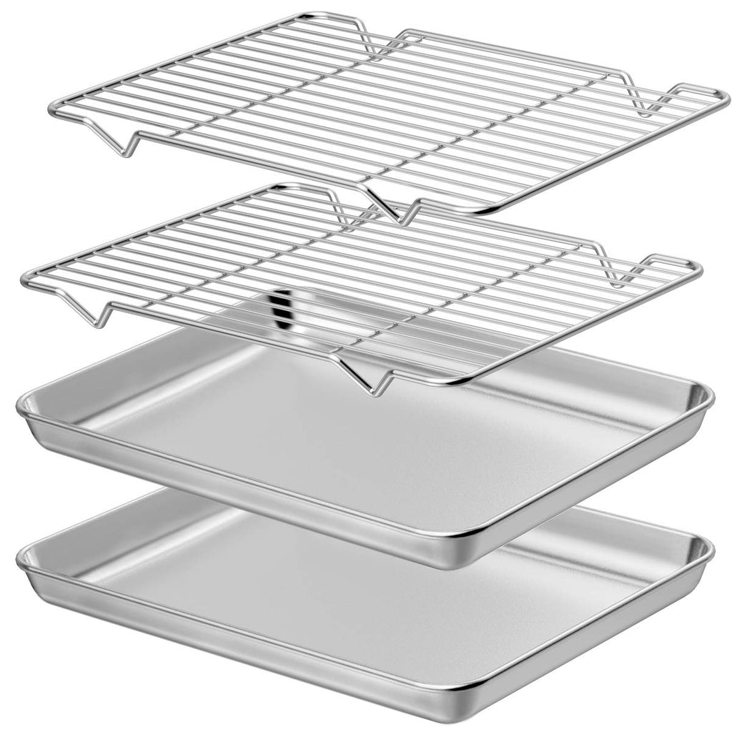 Wildone Baking Sheet & Rack Set [2 Sheets + 2 Racks], Stainless Steel Cookie Pan with Cooling Rack, Size 16 x 12 x 1 Inch, Non Toxic & Heavy Duty & Easy Clean