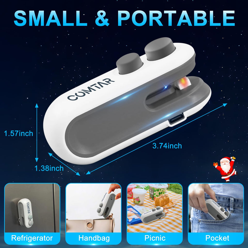 COMTAR Mini Bag Sealer, ulepszona zgrzewarka i obcinarka 2 w 1, akumulatorowa zgrzewarka do toreb USB C z magnesem, przenośna maszyna do ponownego zamykania toreb plastikowych, przechowywanie chipsów, przekąski, świeżość
