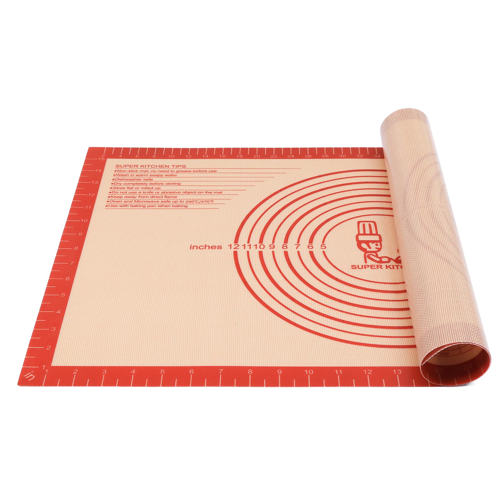 Non-slip Silicone Pastry Mat Extra Large with Measurements 28''By 20'' for Silicone Baking Mat, Counter, Dough Rolling, Oven Liner,Fondant/Pie Crust By Folksy Super Kitchen Red