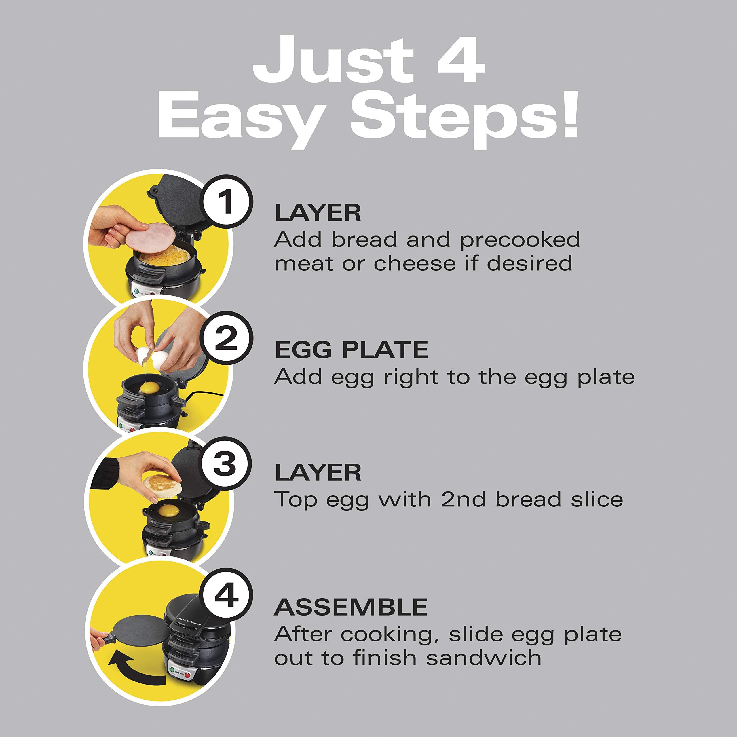 Hamilton Beach Breakfast Sandwich Maker with Egg Cooker Ring, Customize Ingredients, English Muffins, Croissants, Mini Waffles, Perfect White Elephant Gifts, Single, Black