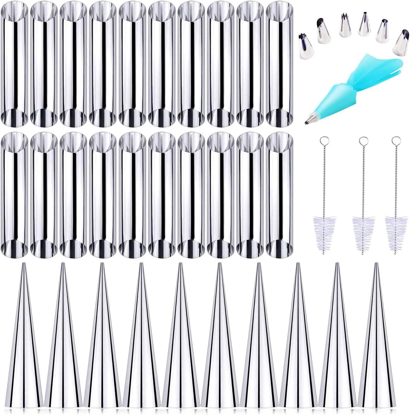 Woohome 34 PCS Stainless Steel Cannoli Form Tubes, Cream Horn Mold, 20 PCS Diagonal Shaped and 10 PCS Cone Tubular Shaped Mold,Baking Moulds Tubes for Danish Pastry Cream Roll Mold