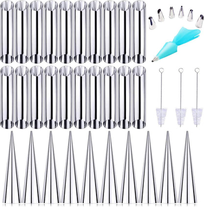 Woohome 34 PCS Stainless Steel Cannoli Form Tubes, Cream Horn Mold, 20 PCS Diagonal Shaped and 10 PCS Cone Tubular Shaped Mold,Baking Moulds Tubes for Danish Pastry Cream Roll Mold