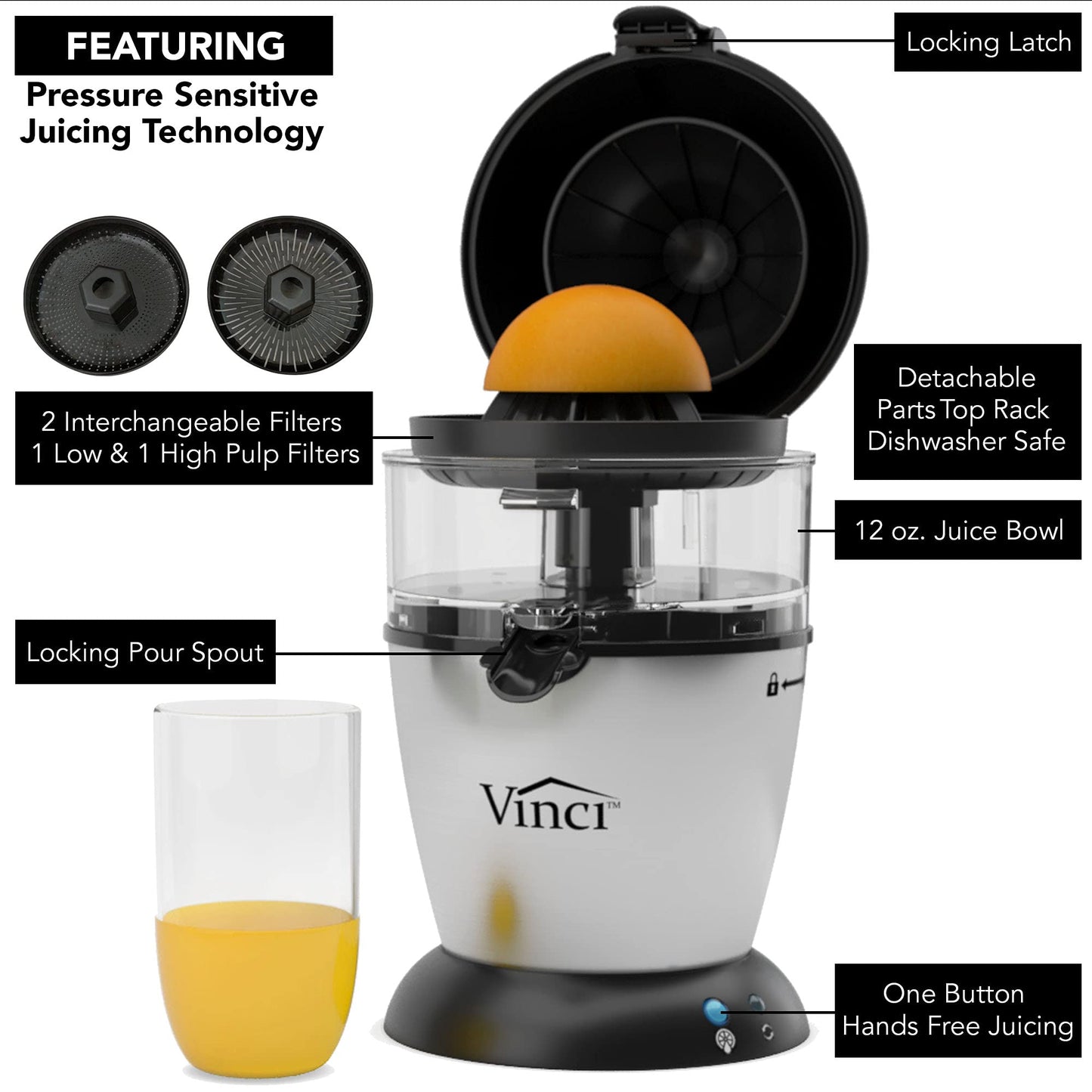 Vinci Hands Free Electric Citrus Juicer, 1-Button Juicer Machine, Orange Lime Grapefruit Lemon Squeezer, Easy to Clean Orange Juicer Squeezer, Black/Stainless Steel