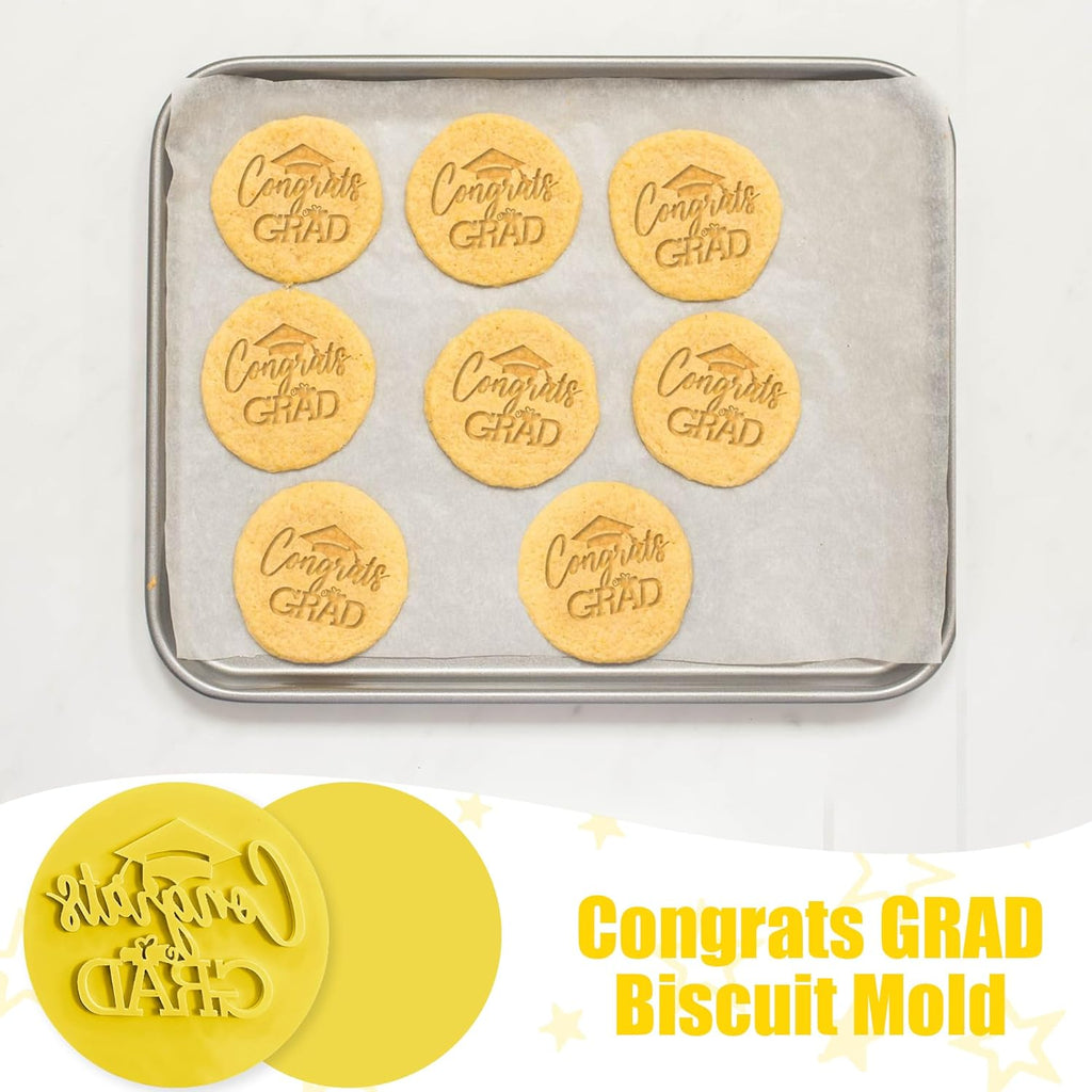 Graduation Fondant Stamp, Congrats Grad Cookie Stamp, 3D Raised Design Graduation Fondant Embosser for DIY Baking Cake Decorating Cookies Sugar Paste Cupcake Topper, 3.15inch, Yellow