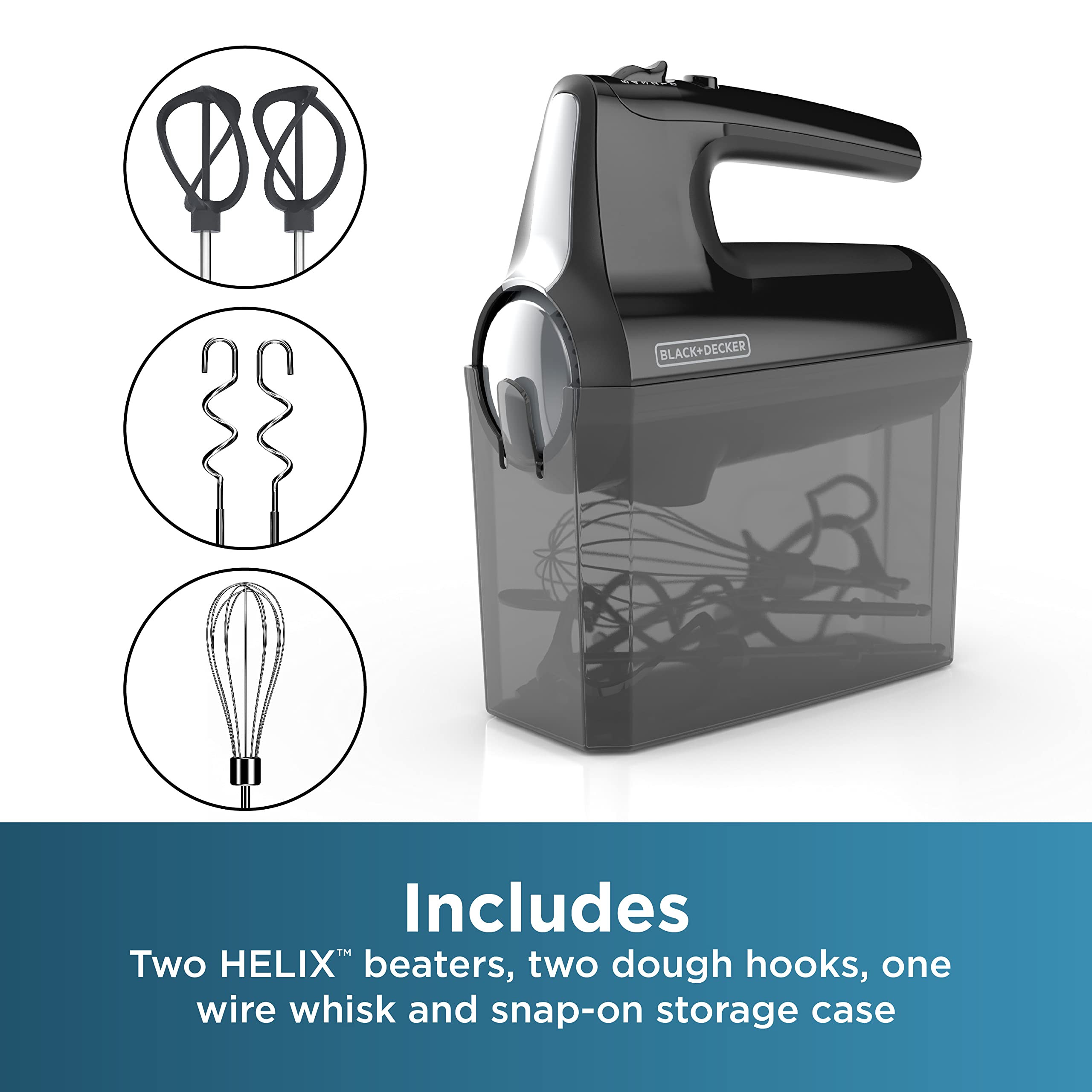 BLACK+DECKER 5 Speed Electric Hand Held Mixer, HELIX beaters, Whisk, and Dough Hook Attachments, Turbo Boost, Snap-On Storage Case