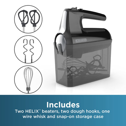 BLACK+DECKER 5 Speed Electric Hand Held Mixer, HELIX beaters, Whisk, and Dough Hook Attachments, Turbo Boost, Snap-On Storage Case