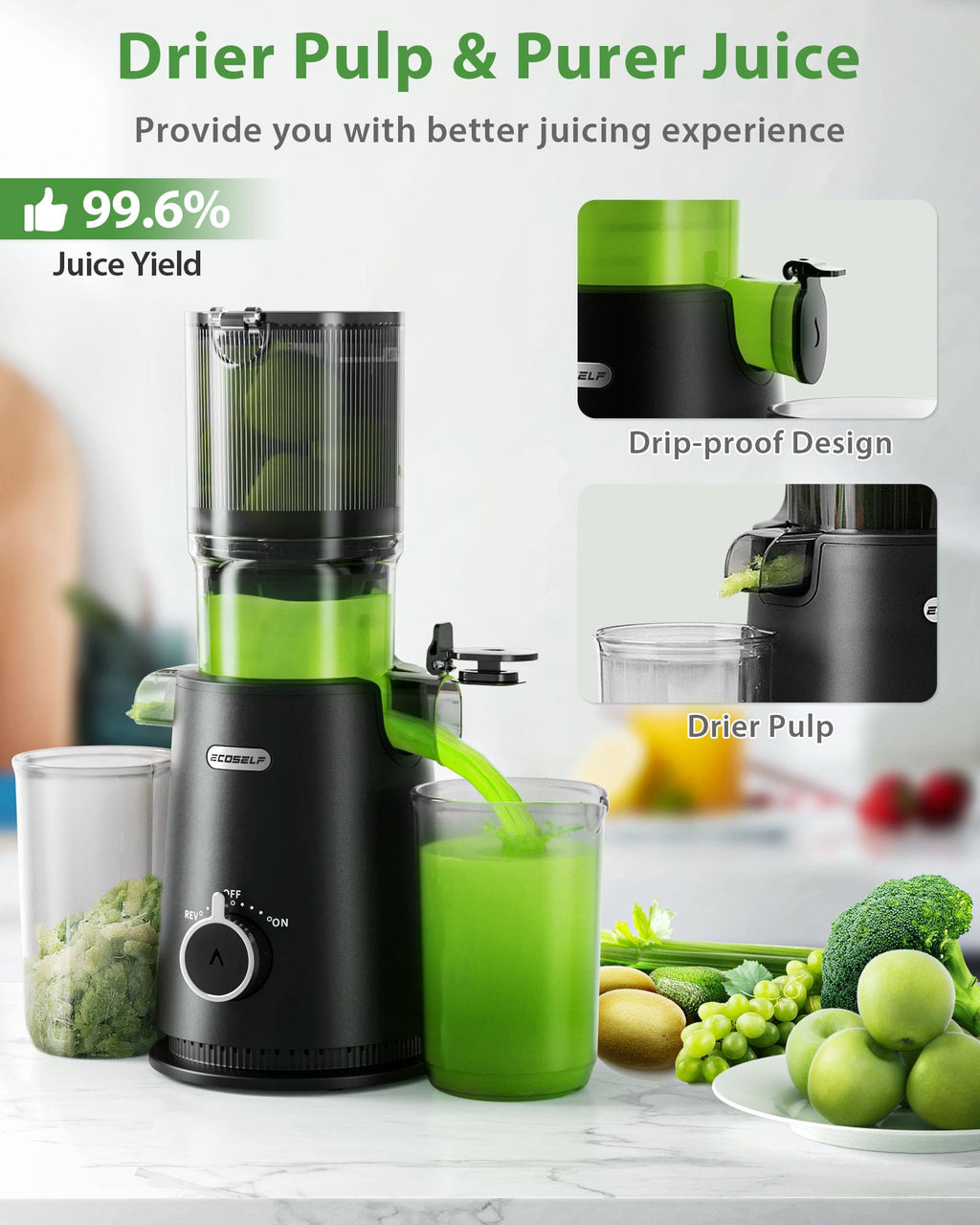 Juicer Machines, ECOSELF Cold Press Juicer with 4.35" Large Feed Chute Fit Whole Fruits and Vegetables, Juice Extractor Self Feeding Effortless for Batch Juicing, Easy to Clean, High Juice Yield