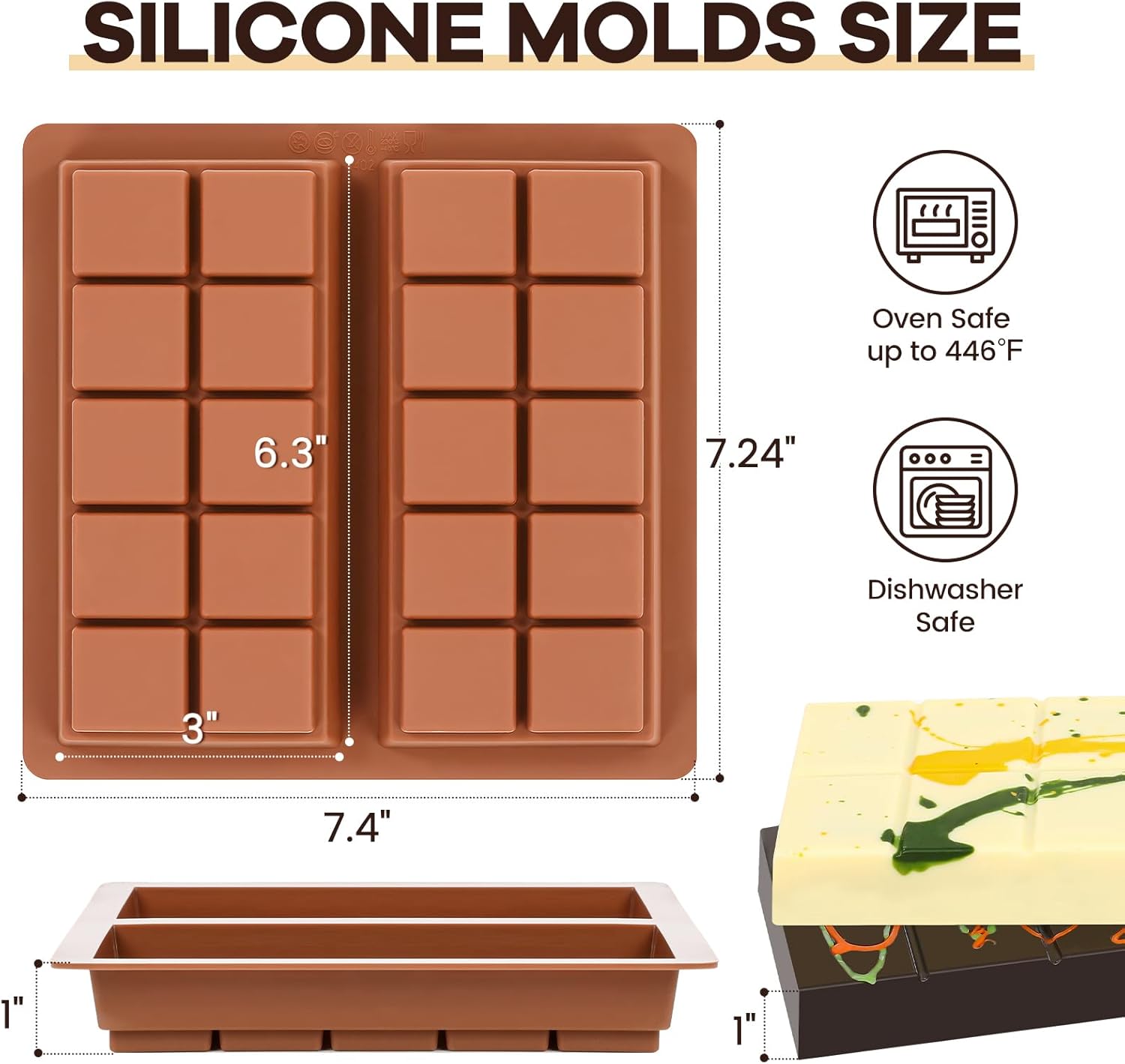 Dubai Chocolate Molds 1 Inch Deep, Silicone Chocolate Bar Mold – Non-Stick, Flexible, Large and Thick Homemade Chocolates, Candies, and Desserts - Set of 1