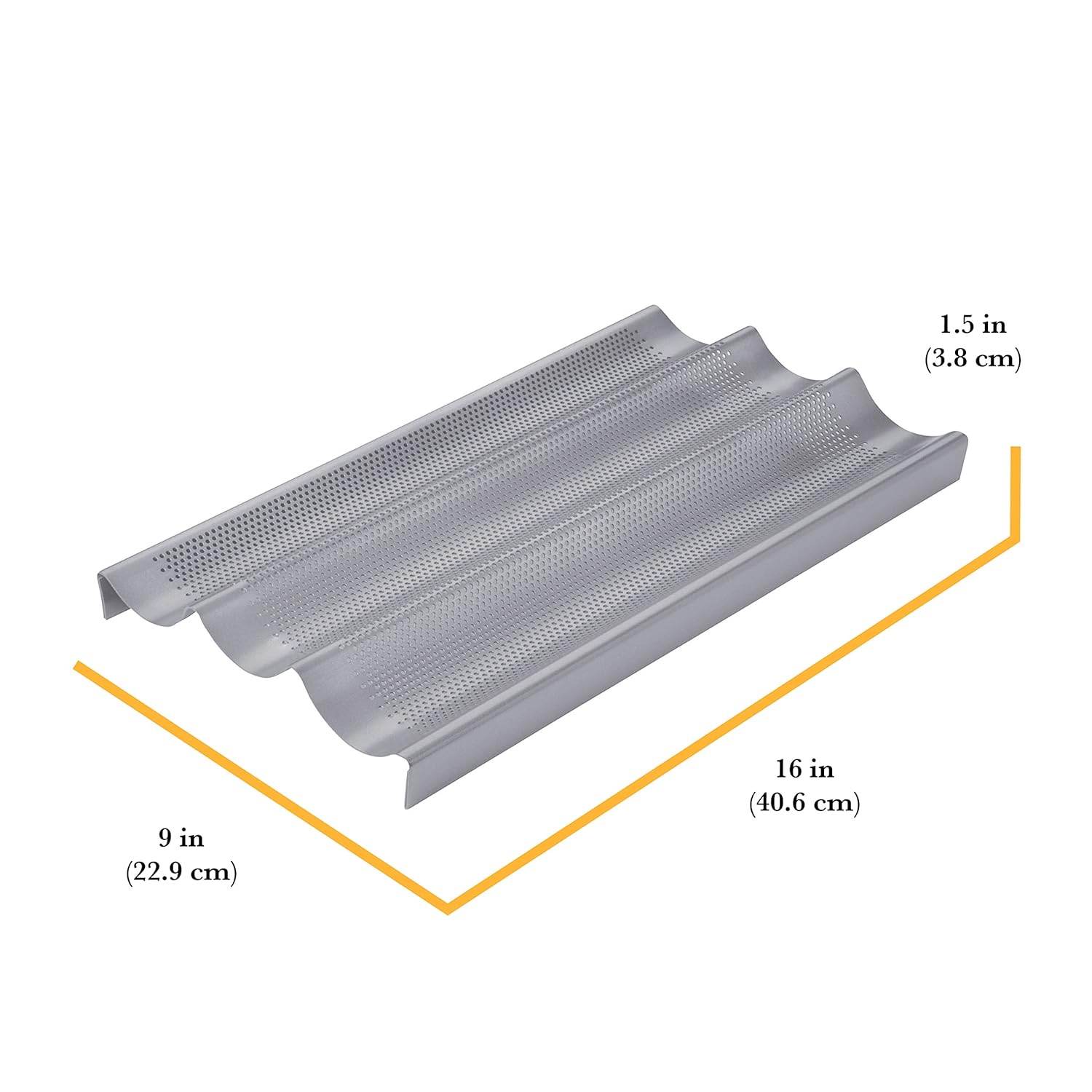 Chicago Metallic Commercial II Non-Stick Perforated Baguette Pan. Creates a crisp, golden-brown crust, 16 L x 9 W x 1.5 H