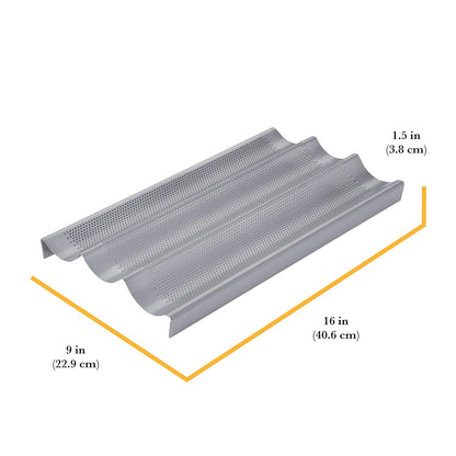 Chicago Metallic Commercial II Non-Stick Perforated Baguette Pan. Creates a crisp, golden-brown crust, 16 L x 9 W x 1.5 H