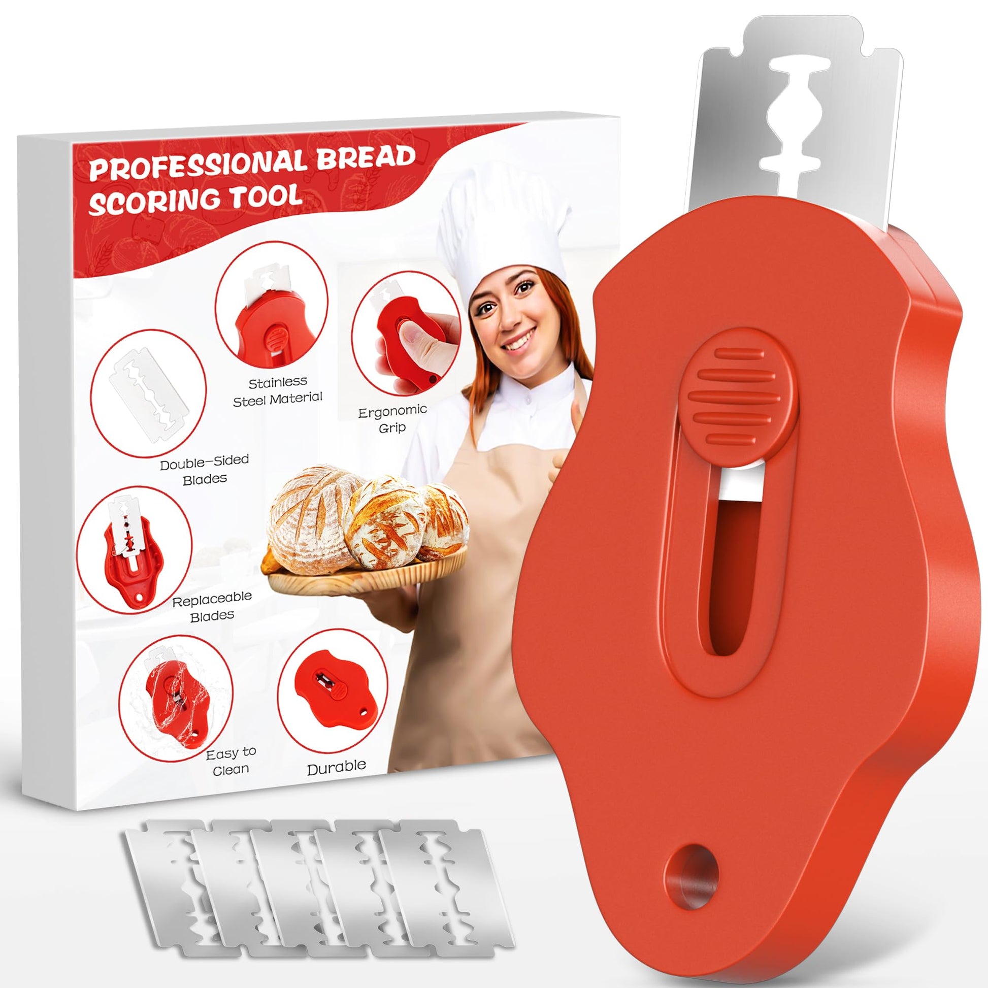 Magnetic Bread Lame Dough Scoring Tool, Professional Sourdough Scoring Tool for Sourdough Bread Baking, Bread Making Knife, Extractable Bread Scoring Tool with 5 Razor Blades&Scoring Patterns Booklet