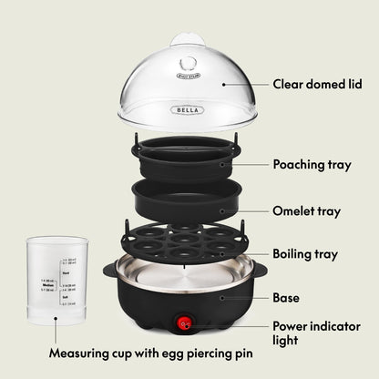 BELLA Rapid Electric Egg Cooker and Poacher with Auto Shut Off for Omelet, Soft, Medium and Hard Boiled Eggs - 7 Egg Capacity Tray (1 Pack) Black