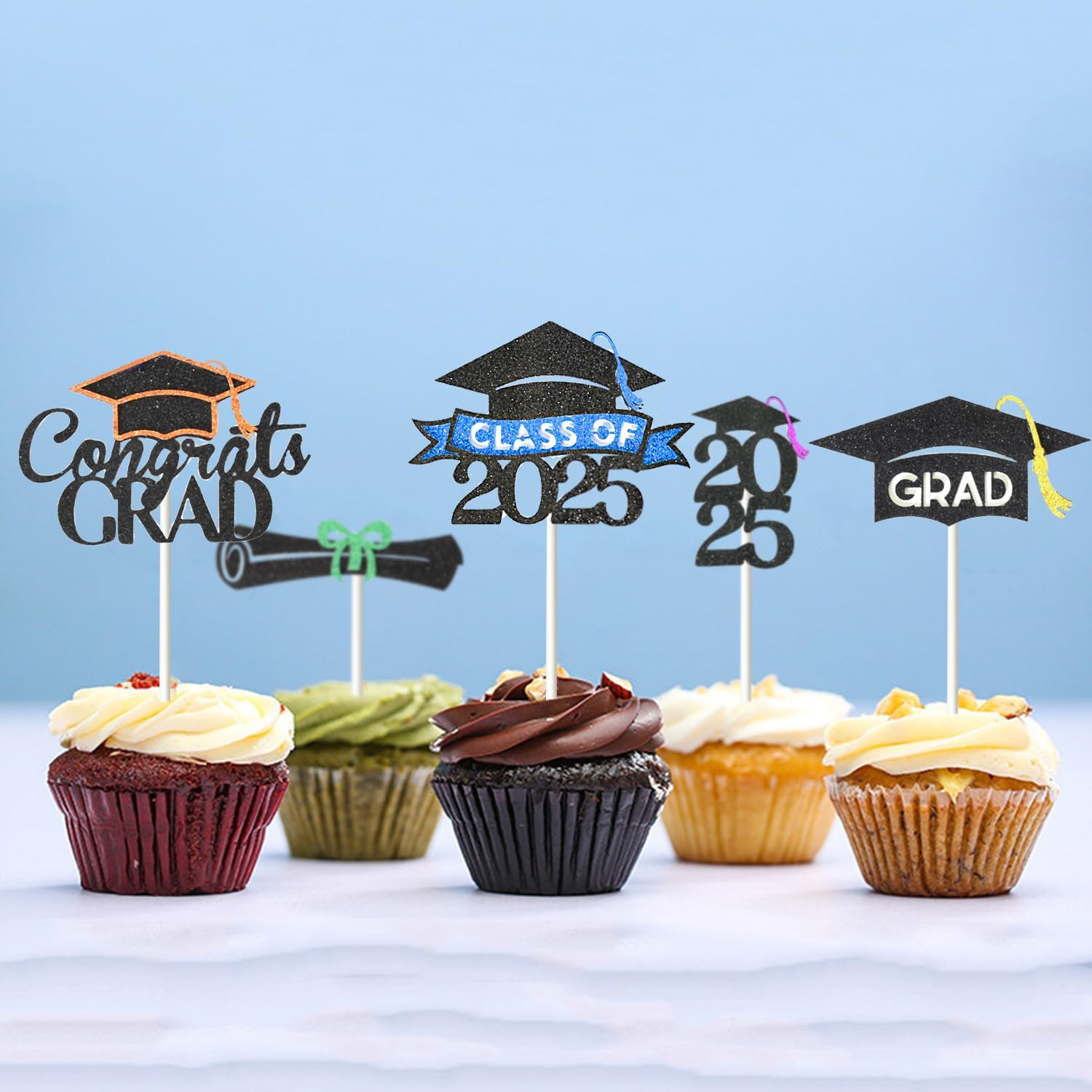 24 Pack 2025 Congrats Grad Cupcake Toppers Set, Glitter Graduation Cupcake Decor, Class of Cupcake Picks for Senior High School College Grad Party Decorations Supplies(Black with Gold) A