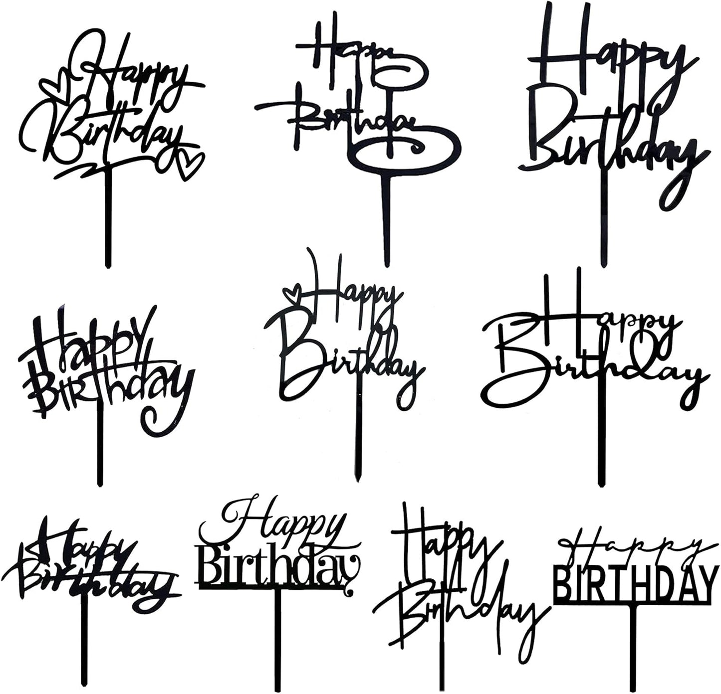 10 PCS Black Happy Birthday Cake Topper Acrylic Cupcake Topper A Series of Birthday Cake Supplies Decorations