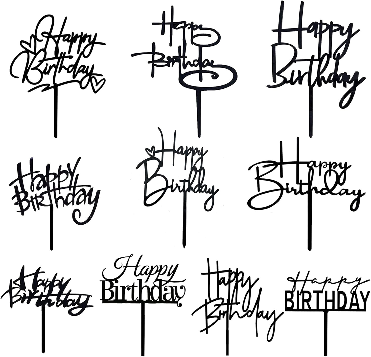 10 PCS Black Happy Birthday Cake Topper Acrylic Cupcake Topper A Series of Birthday Cake Supplies Decorations