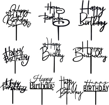 10 PCS Black Happy Birthday Cake Topper Acrylic Cupcake Topper A Series of Birthday Cake Supplies Decorations