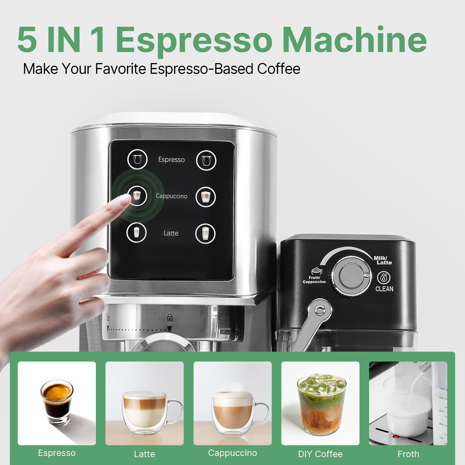 Ekspres do kawy URintells Cuising Espresso 20 Bar, ekran dotykowy do kawy z automatycznym spieniaczem do mleka do cappuccino latte, ekspres do kawy espresso z podwójnym systemem grzewczym i podwójną pompą