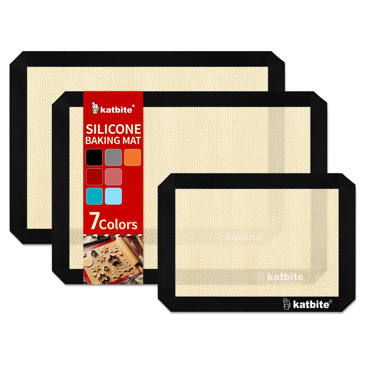 Silicone Baking Mat, Katbite Large Baking Mat Set of 3-2 Half Sheets Mats (11 5/8" x 16 1/2") + 1 Quarter Baking Sheets, Reusable & Nonstick Bakeware Mats for Cookies, Macarons, Bread and Pastry