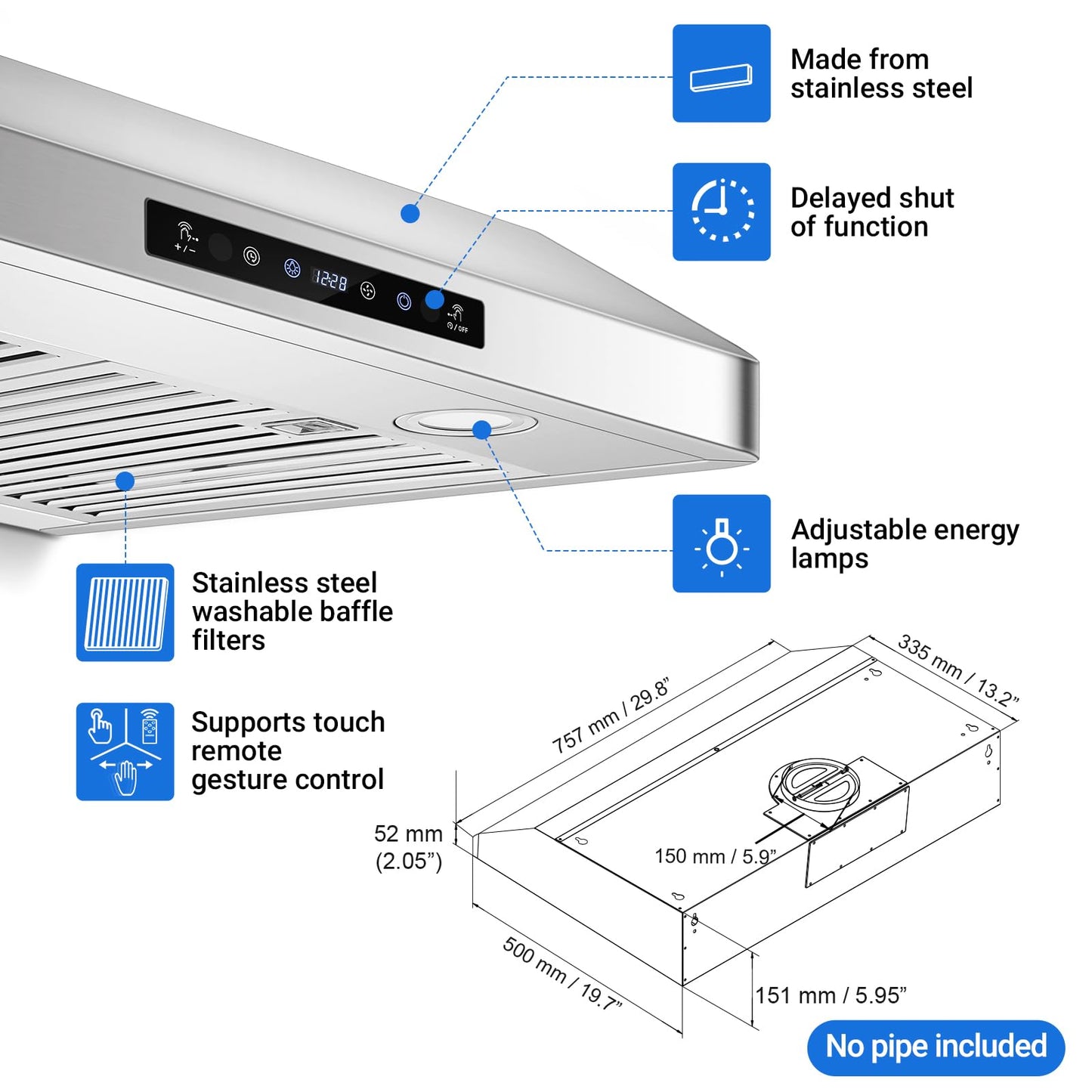 AMZCHEF Under Cabinet Range Hood 30 Inch, 700CFM Stainless Steel Kitchen Stove Vent Hood 3 Speed Exhaust Fan Touch/Remote/Gesture Control LED lights Time Setting Dishwasher-Safe Baffle Filters