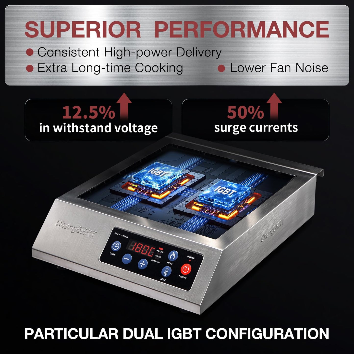 ChangBERT Portable Induction Cooktop 1800W NSF Certified Commercial Range Powerful Countertop Burner Pro Chef Professional Hot Plate 18/10 Stainless Steel Housing Schott Glass 10 Hours Timer