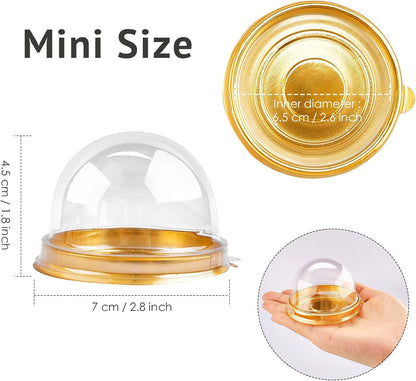 Zezzxu 50 Pack Mini Bundt Cake Containers, Clear Plastic Small Cupcake Boxes with Dome Lids for Individual Chocolate Covered Cookies, Strawberry, Mooncake (Gold)