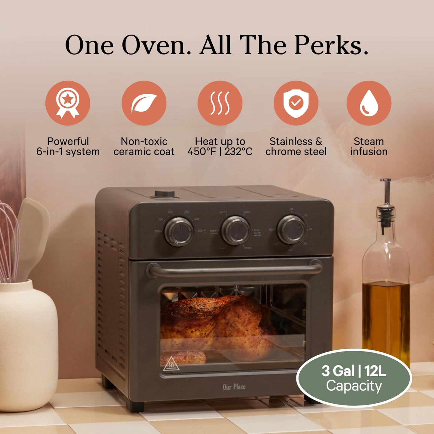 Our Place Wonder Oven | 6-in-1 Air Fryer & Toaster Oven with Steam Infusion | Compact, Countertop Friendly, Fast Preheat, Multifunctional | Air Fry, Toast, Roast, Bake, Reheat & Broil | Char