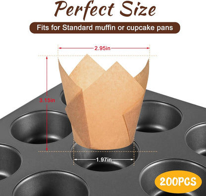 Natural Tulip Cupcake Liners for Baking 200 Cups, Unbleached Parchment paper Muffin Liners, Upgraded Standard Cupcake Wrappers, Greaseproof Cup Cake Liner, Easy to Use in Party, Birthday, Christmas