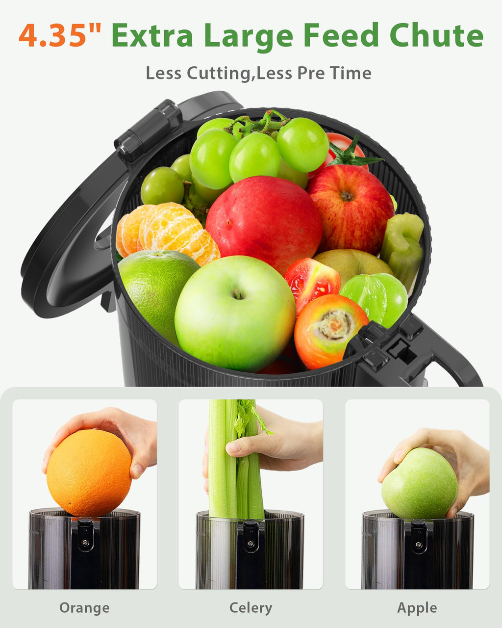 Juicer Machines, ECOSELF Cold Press Juicer with 4.35" Large Feed Chute Fit Whole Fruits and Vegetables, Juice Extractor Self Feeding Effortless for Batch Juicing, Easy to Clean, High Juice Yield