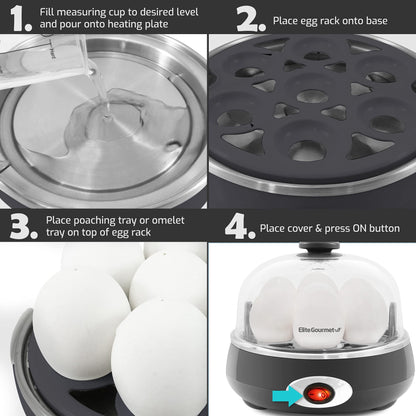 Elite Gourmet EGC007CHC# Rapid Egg Cooker, 7 Easy-To-Peel, Hard, Medium, Soft Boiled Eggs, Poacher, Omelet Maker, Auto Shut-Off, Alarm, 16-Recipe Booklet, Charcoal Grey