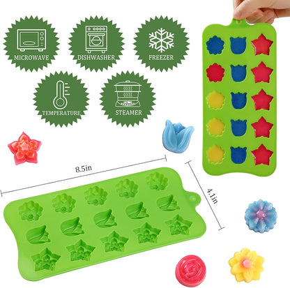 Flower Shape Chocolate Candy Molds Set,Heart,The stars,The rose,Flowers in Combination,15 Cavity Silicone Baking Mold Ice Cube Tray-Wedding,Festival,Parties and DIY Crafts-(6Pcs)