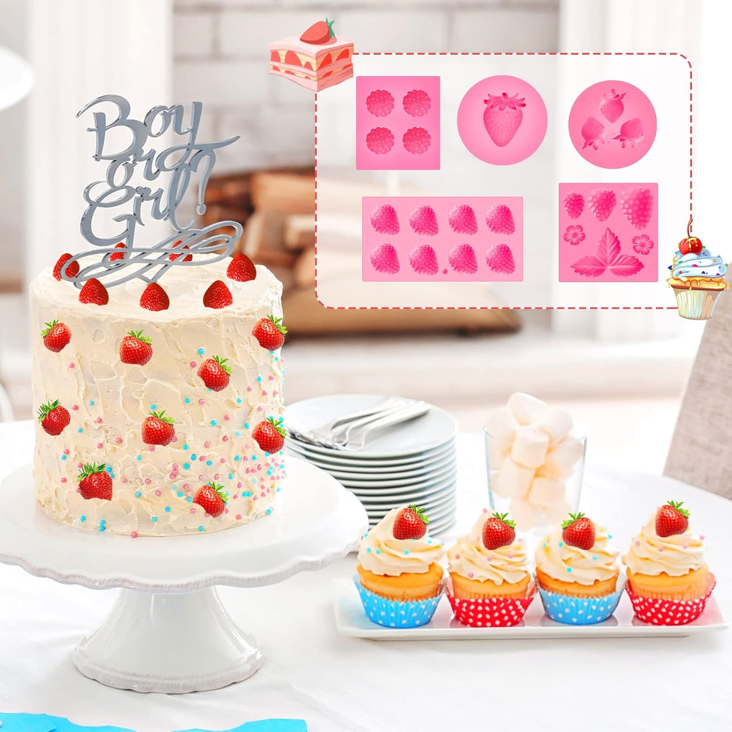 5 Pcs Strawberry Baking Mold Silicone Handmade Candy Jelly Bakeware 3D Flower Strawberry Embed Silicone Fruit Shape Pastry Mold for Soap wax Chocolate Fondant Ice Cream Cupcake Cake Decor