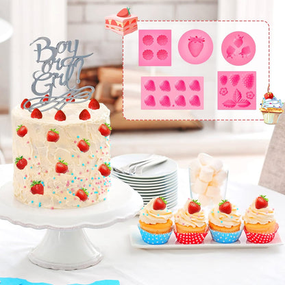 5 Pcs Strawberry Baking Mold Silicone Handmade Candy Jelly Bakeware 3D Flower Strawberry Embed Silicone Fruit Shape Pastry Mold for Soap wax Chocolate Fondant Ice Cream Cupcake Cake Decor