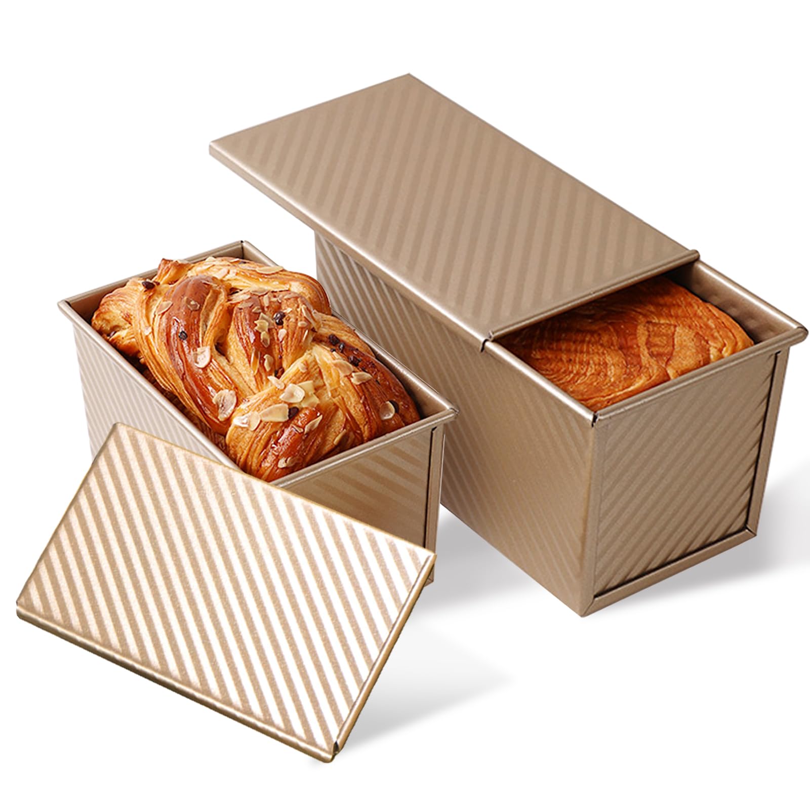 Pullman Loaf Pan with Lid, Non-Stick Bakeware Corrugated Carbon Steel Bread Toast Box Mold with Cover for Baking Bread, 1 lb Dough Capacity, Black/Golden Randomly Color
