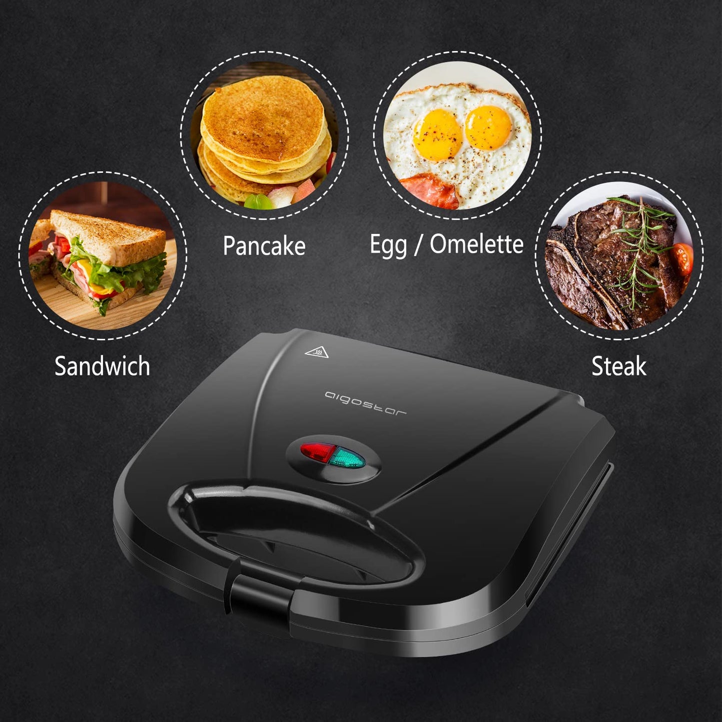 Aigostar Sandwich Maker with Non-stick Deep Grid Surface for Egg, Ham, Steaks Compact Electric Grill Tostadora de Pan Black, ETL Certificated, Roy