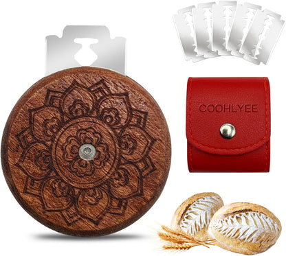 UFO Wooden Bread Lame Slashing Tool, Dough Scoring Knife with 5 Razor Blades and Storage Cover,Sourdough Bread Scoring Tool for Homemade (Lotus patterns)