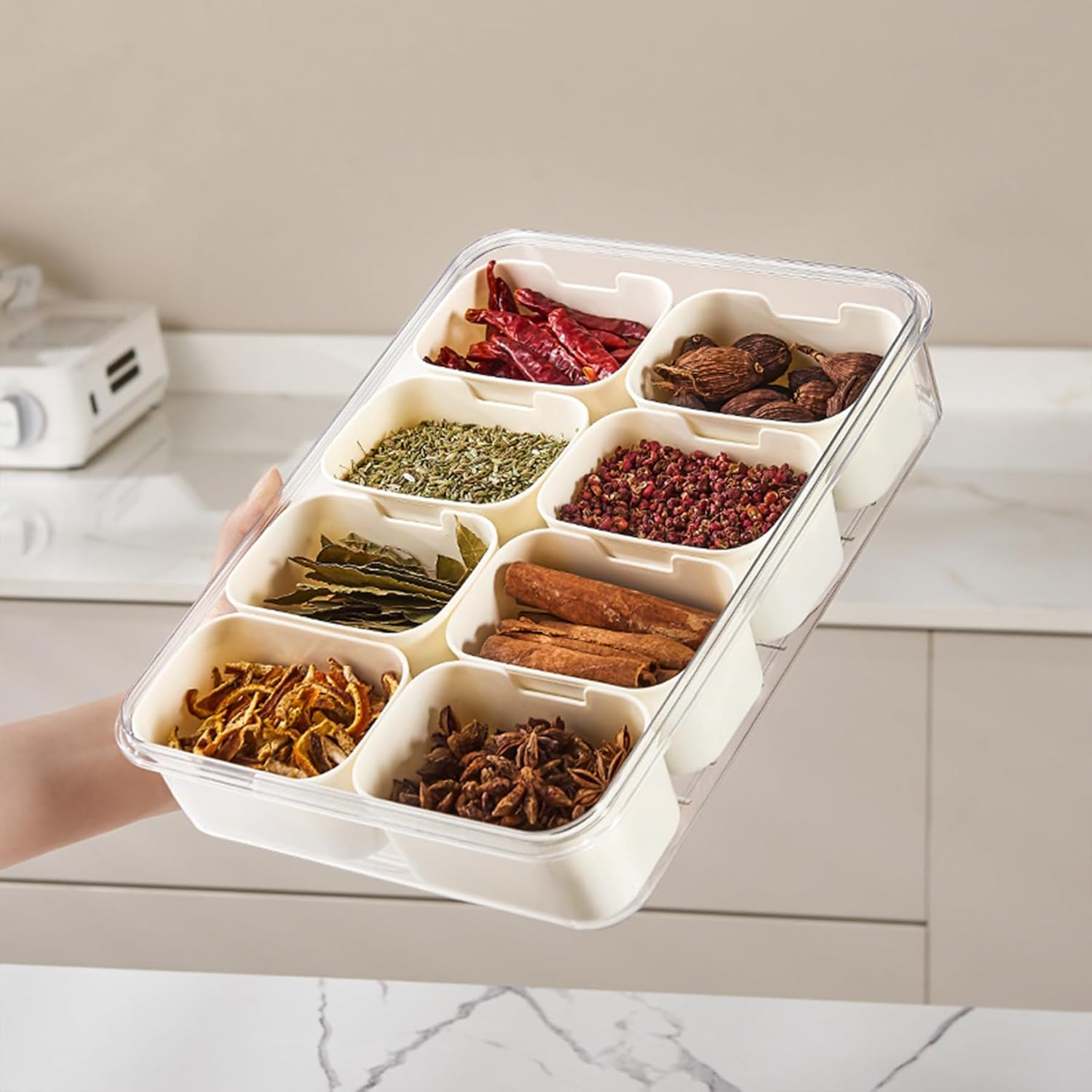 Plastic Divided Serving Tray with Lid and Handle Snack Box Charcuterie Container Portable Snack Platters Organizer for Candy, Fruits, Snacks, Nuts, for Party, Entertaining (White 8 compartments)