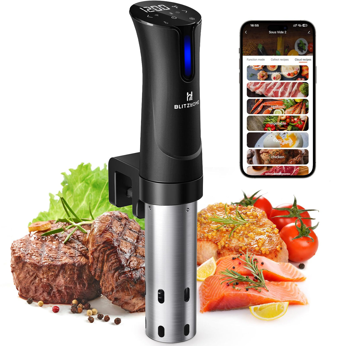 Машина BLITZHOME Sous Vide, додаток WiFi у комплекті, плита Sous Vide потужністю 1100 Вт з точною температурою та таймером, надтихий прецизійний циркуляційний пристрій з нержавіючої сталі, кухонні гаджети з рецептами