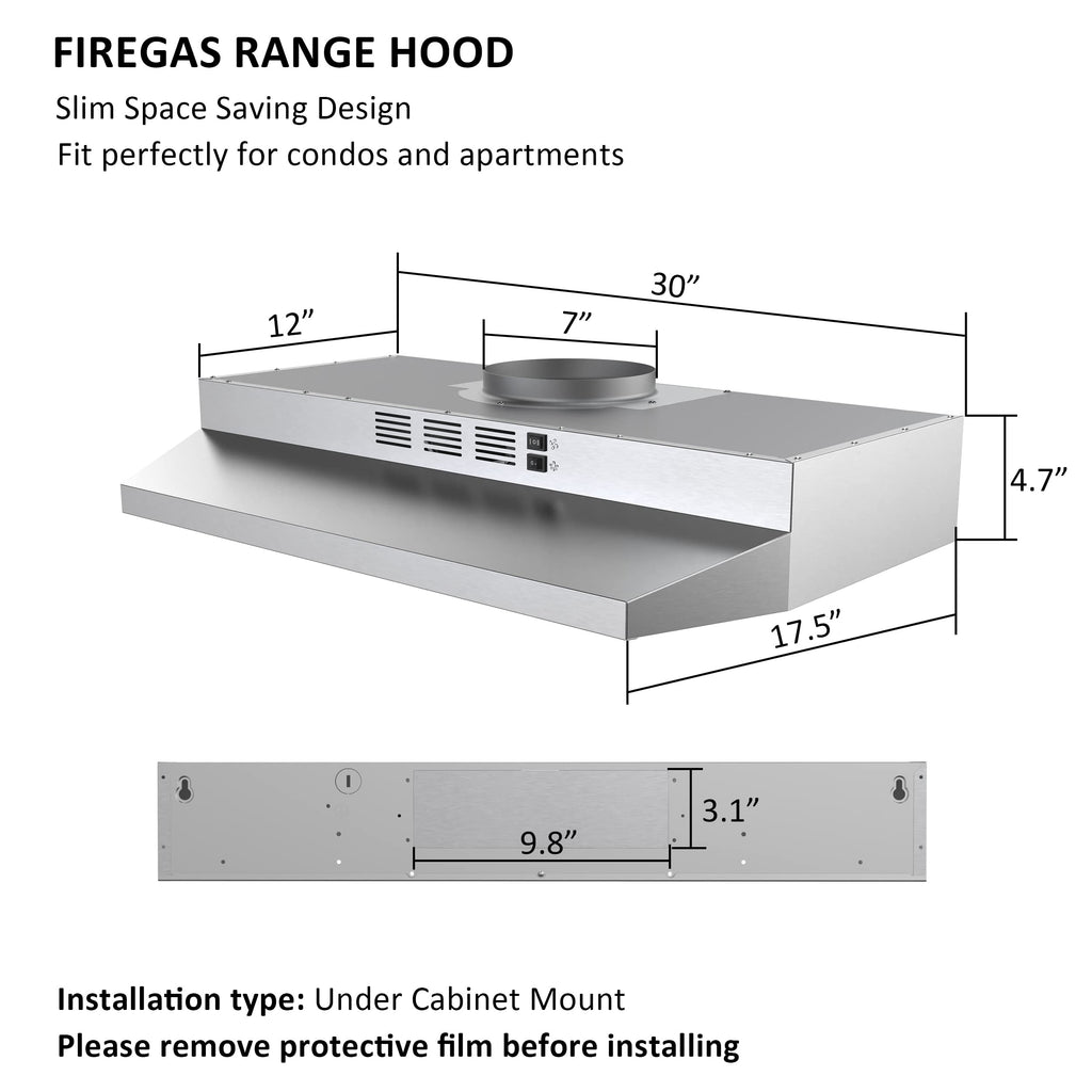 FIREGAS 30 inch Range Hood Under Cabinet, Ducted/Ductless Convertible Stainless Steel Kitchen Range Hood with Rocker Button Control, 2 Speed Exhaust Fan, 300 CFM Aluminum Filter Included