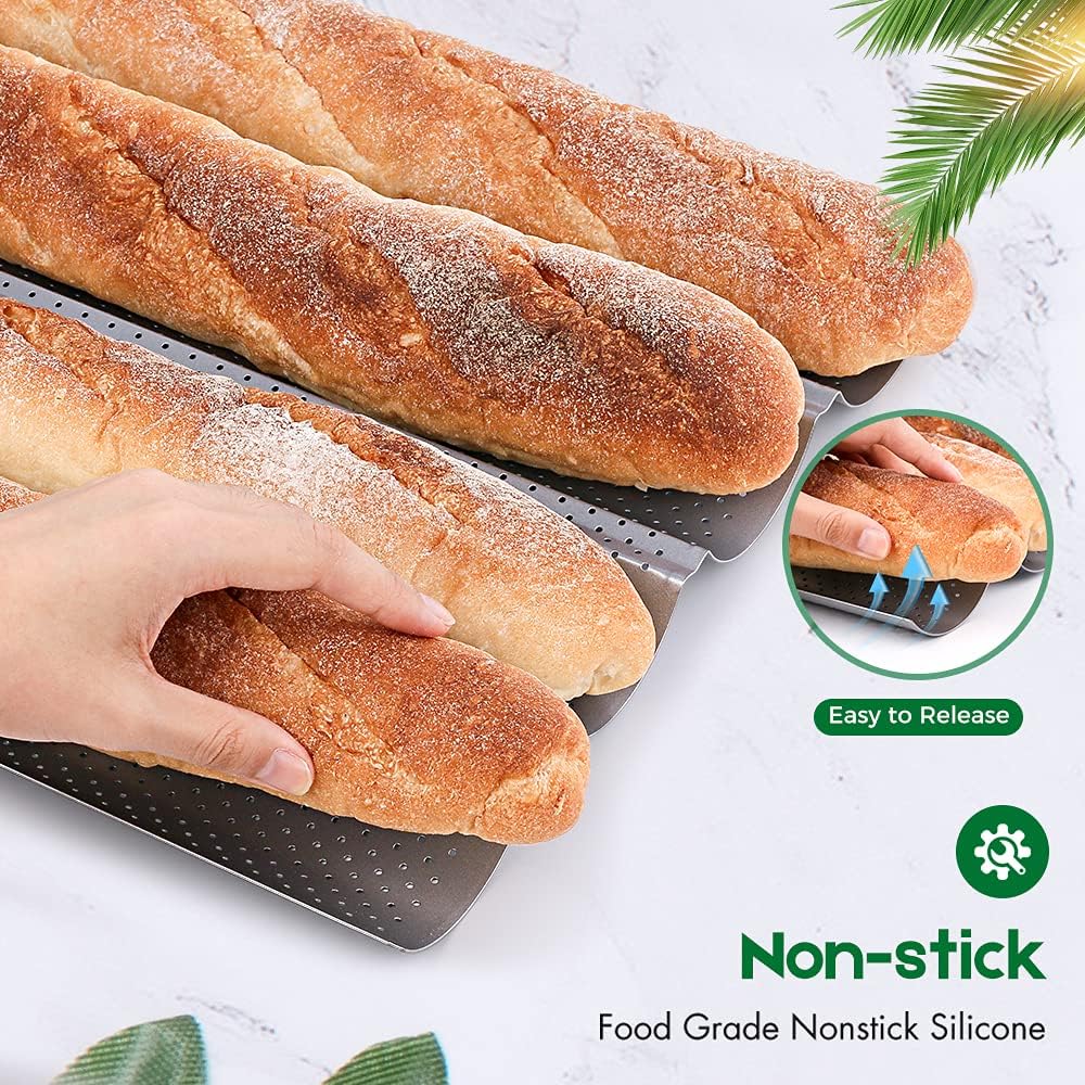 AMAGABELI GARDEN & HOME Baguette Bread Pan 15" x 13" Nonstick Perforated Baguette Tray French Bread Baking 4 Wave Loaf Bake Mold Toast Cooking Baker Molding Gutter Oven Toaster Dishwasher Safe Silver