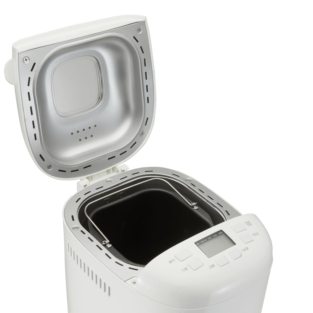 Amazon Basics Programowalny Automat do Pieczenia Chleba, 2-funtowy Automatyczny Wypiekacz Chleba z Powłoką Nieprzywierającą, Z 14 Ustawieniami Do Pieczenia Chleba, Ciasta, Opcji Bezglutenowych i Nie Tylko, Wyświetlacz LCD, Biały